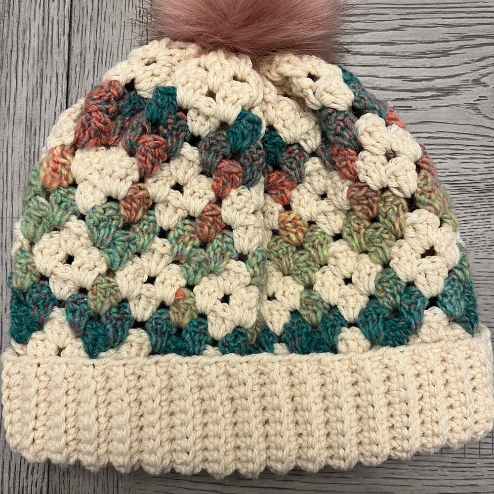 Handmade Multicolor Crochet Beanie with Pom